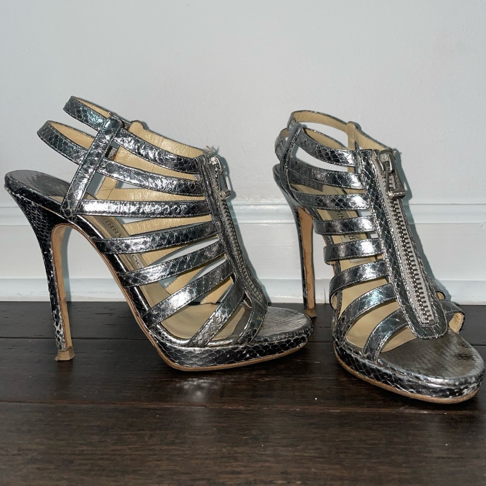 Jimmy Choo Silver Steel Glenys watersnake  zip up sandal